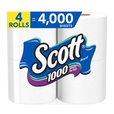 Scott 10183 Toilet Paper, 1-Ply, 1000 Sheets, 4 Rolls