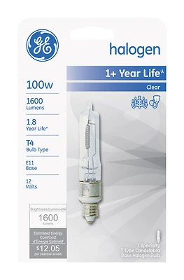 GE 19383 Halogen Bulb, 100 W, E11 Candelabra Lamp Base, T4 Lamp, White Light, 1600 Lumens, 2800 K Color Temp