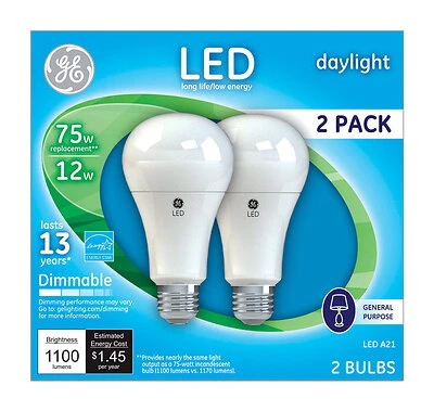 GE 93127670 LED Bulb, General-Purpose, A19 Lamp, 75 W Equivalent, Medium Lamp Base, Dimmable, Frosted, Daylight Light