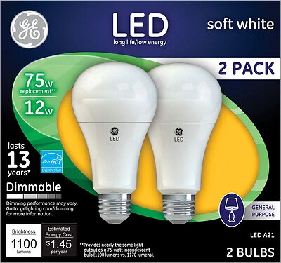 GE 93127324 Light Bulb, General-Purpose, A19 Lamp, 75 W Equivalent, Medium (E26) Lamp Base, Dimmable, Frosted
