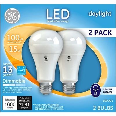 GE 93127672 Light Bulb, A19 Lamp, 100 W Equivalent, Medium Lamp Base, Dimmable, Daylight, 5000 K Color Temp