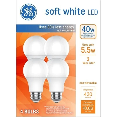 GE 93131062 LED Light Bulb, General-Purpose, A19 Lamp, 40 W Equivalent, E26 Medium Lamp Base, Non-Dimmable
