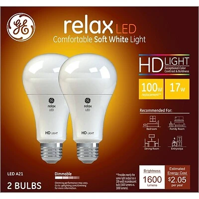GE Relax HD+ LED Light Bulbs, Soft White, 1600 Lumens, 13W, 2-Pk.
