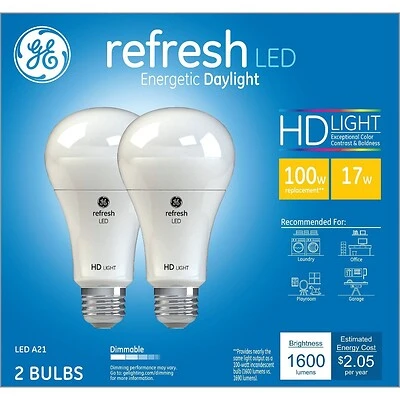 GE Refresh HD LED Light Bulbs, Daylight, A19, 100W Equivalent, 2-Pk.