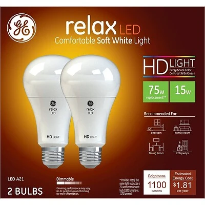 GE 93129420 LED Light Bulb, A19 Lamp, 75 W Equivalent, Medium Lamp Base, Dimmable, Soft White, 2700 K Color Temp