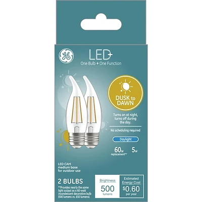 GE LED+ 93121494 Dusk To Dawn Light Bulb, 500 Lumens, 5 W, CAM Lamp, 60 W Equivalent, Medium (E26) Lamp Base, Dimmable