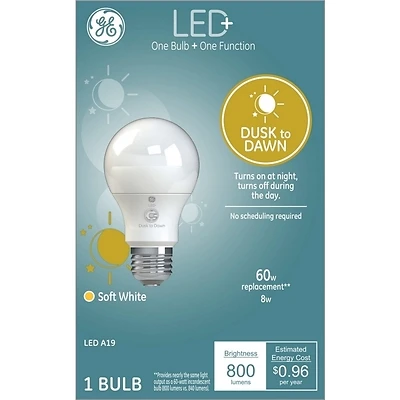GE 93101946 LED Bulb, General Purpose, A19 Lamp, 60 W Equivalent, E26 Lamp Base, White, Soft White Light