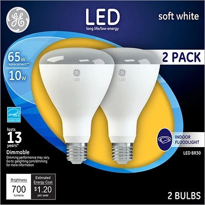 GE 40918 LED Bulb, 120 V, 700 Lumens, 10 W, BR30 Lamp, 65 W Equivalent, E26 Lamp Base, Dimmable, Soft White