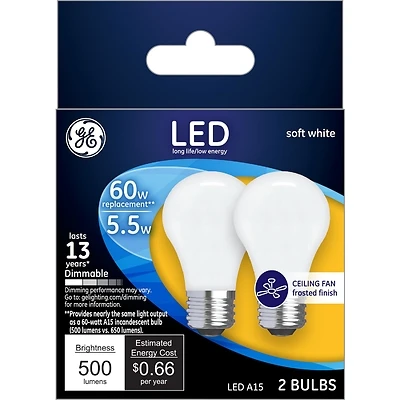 GE 25986 LED Bulb, General Purpose, A15 Lamp, 60 W Equivalent, E26 Lamp Base, Dimmable, Frosted, Soft White Light