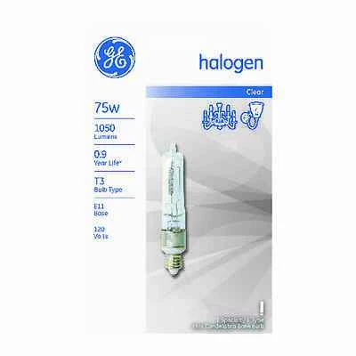 GE 12715 Halogen Bulb, 75 W, E11 Candelabra Lamp Base, T3 Lamp, White Light, 1050 Lumens, 2850 K Color Temp