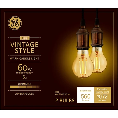 GE 33535 Vintage LED Light Bulbs, A19, 60W Equivalent, 2-Pack