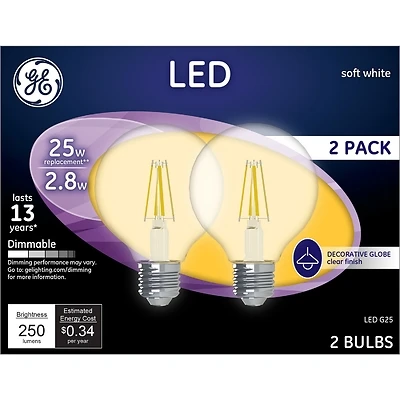 GE 23049 LED Globe Bulb, G25, 25W Equivalent, Soft White, 2-Pk.