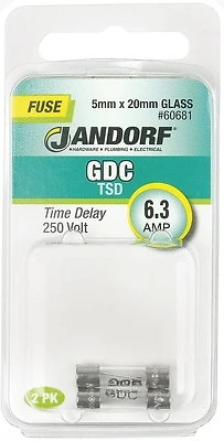 Gdc 6.3a Time Delay Glass Fuse 2 Pk, 250v, 5mm X 20mm, Model 60681