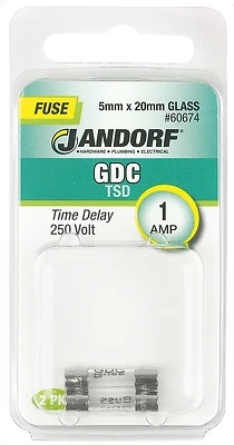 Jandorf 60674 GDC Time Delay Glass Fuse, 1A 250V, 5mm x 20mm, 2 Pk