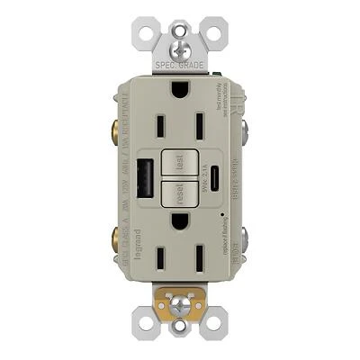 Pass & Seymour Radiant 15A Tamper-Resistant Self-Test GFCI USB Type-A/C Outlet, Nickel