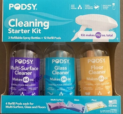 Podsy Cleaning Starter Kit-3 Refillable Spray Bottles for Multi-Surface  Glass & Floor Cleanings. 4 Cleaning Refill Pods in Child-Resistant Tube in bottle for Mult-Surface  Glass & Floor.Makes 192 oz.