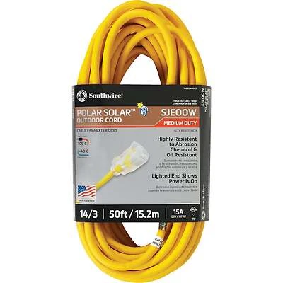Polar Solar Outdoor Extension Cord, Contractor Grade, 14/3 SJEOW Yellow, 50 Ft.