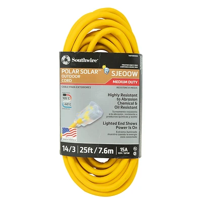 Outdoor Extension Cord, Contractor Grade, Yellow Polar Solar, 14/3 SJEOW, 25 Ft.