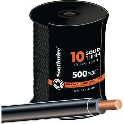 Southwire 10 AWG Solid THHN Electrical Wire, Black, 500 Ft.