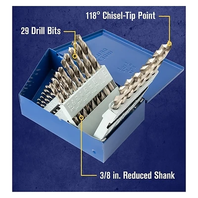 29-piece Metal Index Drill Bit Set, M-2 High-speed Steel, Jobber Length