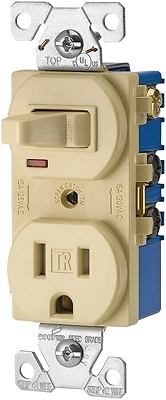 Eaton TR274V Combination Toggle Switch and Receptacle, 15 Amp, Ivory