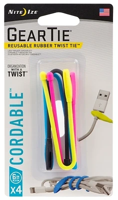 Nite Ize GTK6-A1-4R7 Gear Tie Cordable Cord Organizer, Rubber, Assorted, 4 Pk