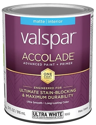 Valspar Accolade 028.0011002.005 Matte Interior Wall Paint, Ultra White, 1 Quart