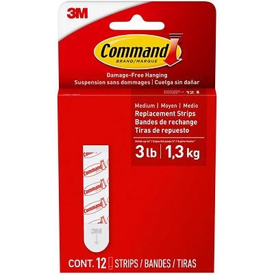 Command 17021-12ESF Medium Replacement Strip, 5/8 in W, 2-3/4 in L, Foam Backing, White, 1.3 kg