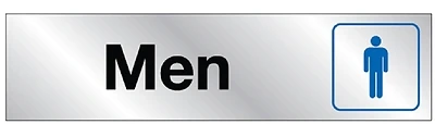 Hy-Ko 478 Men Restroom Sign, Silver Background, Self-Adhesive, 2 x 8 In.