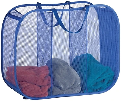 Triple Sorter Laundry Basket, Blue Mesh, 30 x 11 x 24-In.