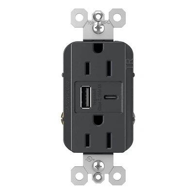 Pass & Seymour Duplex Outlet / Ultra Fast USB Charger, 15A, Black