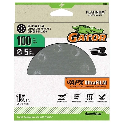 APX Ultrafilm Sanding Discs, Hook & Loop, 100 Grit, 5 In., 15-Pk.