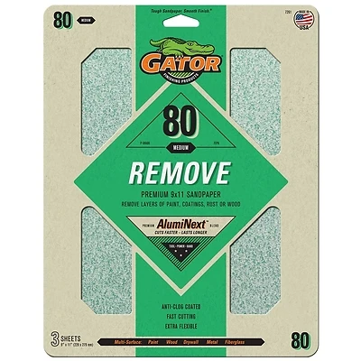 Gator AlumiNext 7261 Sanding Sheet, 11 in L, 9 in W, 80 Grit, Medium, Aluminum Oxide Abrasive
