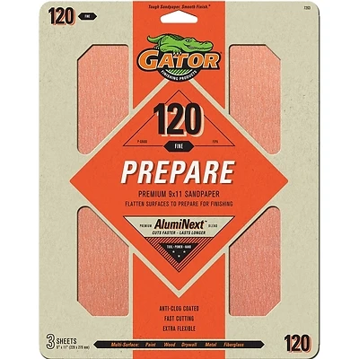 Gator AlumiNext 7263 Sanding Sheet, 11 in L, 9 in W, 120 Grit, Fine, Aluminum Oxide Abrasive