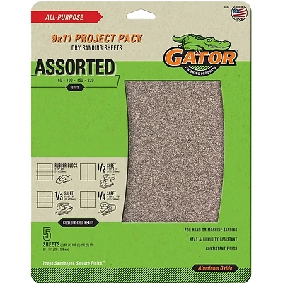 Gator 4444 Sanding Sheet, 11 in L, 9 in W, 60, 100, 150, 220 Grit, Coarse, Extra Fine, Fine, Medium