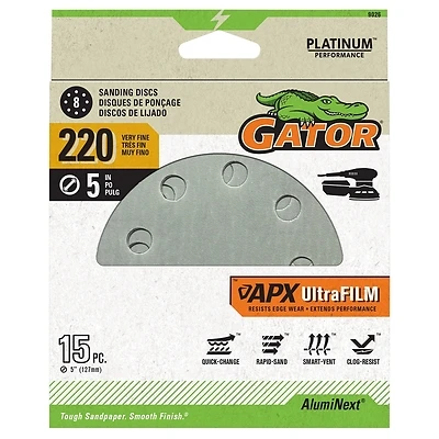 APX Ultrafilm Sanding Discs, Hook & Loop, 220 Grit, 5 In., 15-Pk.