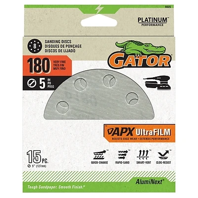 APX Ultrafilm Sanding Discs, Hook & Loop, 180 Grit, 5 In., 15-Pk.