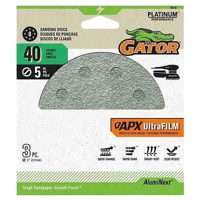 APX Ultrafilm Sanding Discs, Hook & Loop, 40 Grit, 5 In., 3-Pk.