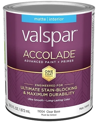 Valspar 028.0011004.005 Accolade Interior Wall Paint, Matte, Clear Base, 1 Qt