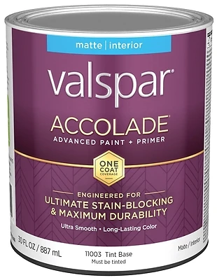 Valspar Accolade 028.0011003.005 Interior Wall Paint & Primer, Matte, 1 Quart, Tint Base