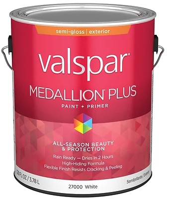 Valspar 028.0027000.007 Medallion Plus Semi-Gloss Exterior Paint & Primer, White, 1 Gallon