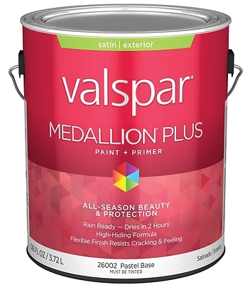 Valspar 028.0026002.007 Medallion Plus Satin Exterior Paint & Primer, Pastel Base, 1 Gal