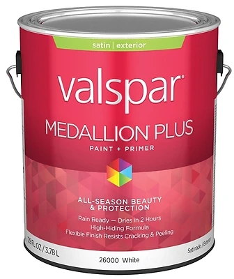 Valspar Medallion Plus Satin Exterior Paint & Primer, White, 1 Gallon