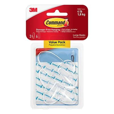 Large Hooks, Clear, 3 Hooks/6 Strips