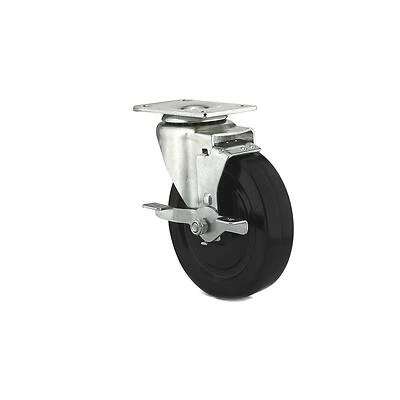 Rubber Wheel Swivel Plate Caster, Side Brake, 5 In.