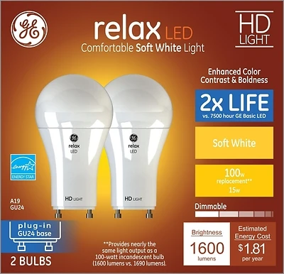 GE 93129021 LED Bulb, A19 Lamp, 100 W Equivalent, GU24 Lamp Base, Dimmable, DayLight, 5000 K Color Temp