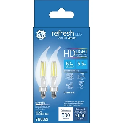 Refresh HD Decorative LED Light Bulbs, Candelabra Base, Daylight, Clear, Dimmable, 500 Lumens, 5.5 Watt, 2-Pk.