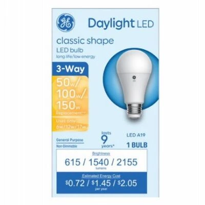 GE 93130568 LED 3-Way Light Bulb, A19 Medium Base, Daylight, 6/12/17 Watt
