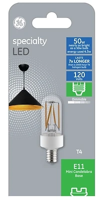 GE 93129027 LED Filament Light Bulb, T4, Mini Candelabra, 4W, 500 Lumens