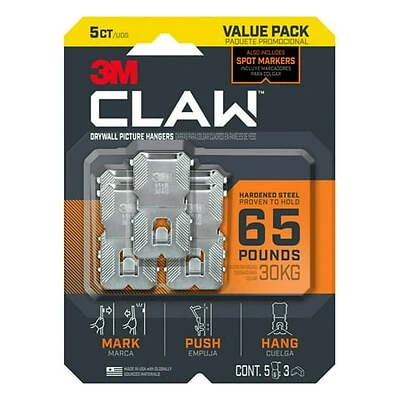 CLAW Drywall Picture Hanger Set, Holds 65 Lbs., 5 Hangers, 3 Temporary Spot Markers